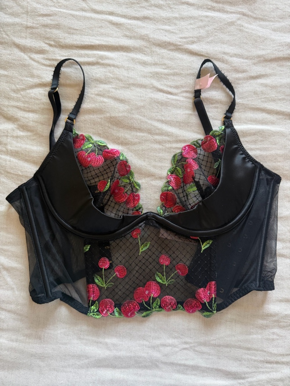 Victoria’s Secret Black Mesh Longline Bra Bustier with  Cherry Embroidery Sz 34c